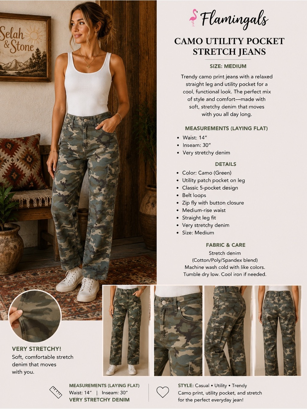 Flamingals Camo Utility Pocket Stretch Jeans - Green